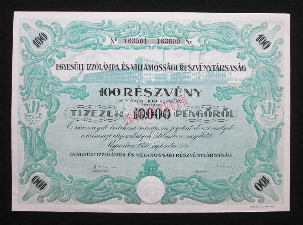 Egyesült Izzólámpa és Villamossági részvény 100x100 pengő 1930